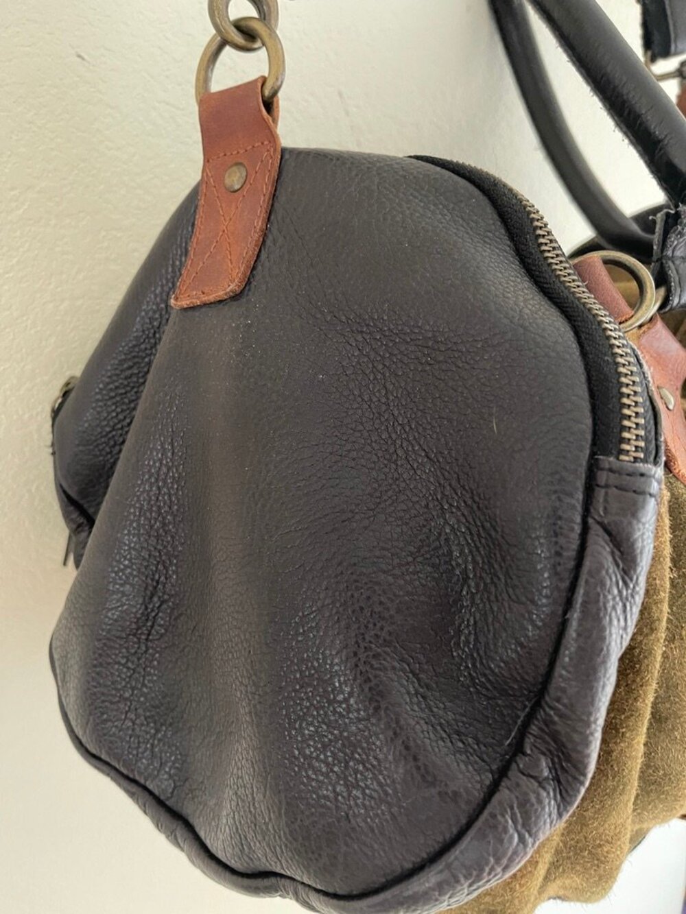 FREE PEOPLE Olive Green Suede with Brown & Black Leather Tote/Travel Bag - Picture 9 of 11